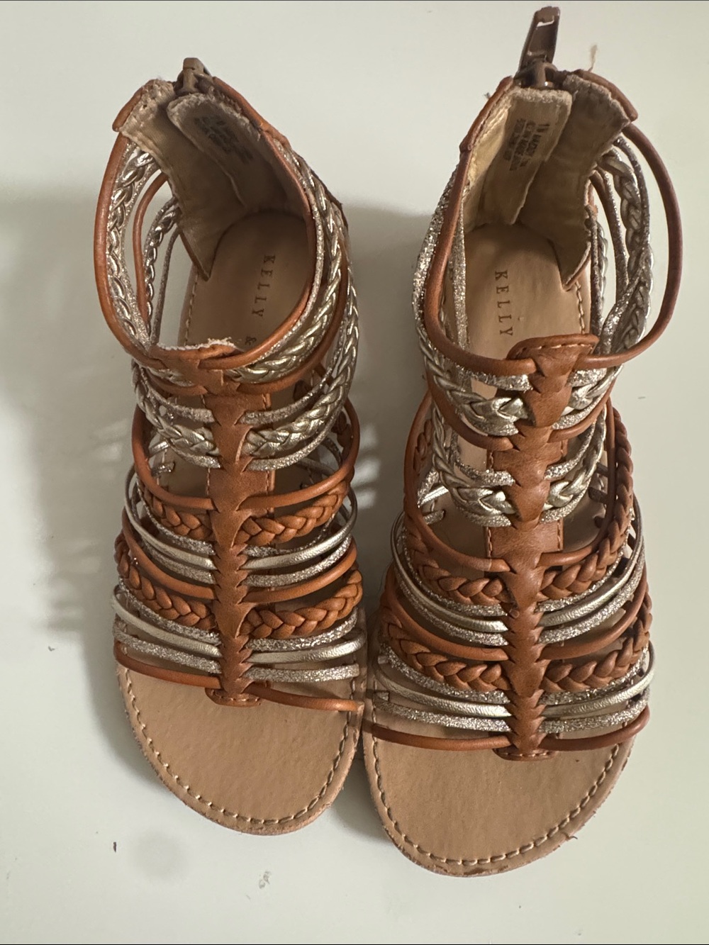 Kelly & Katie Tan and Gold Strappy Gladiator Sandals